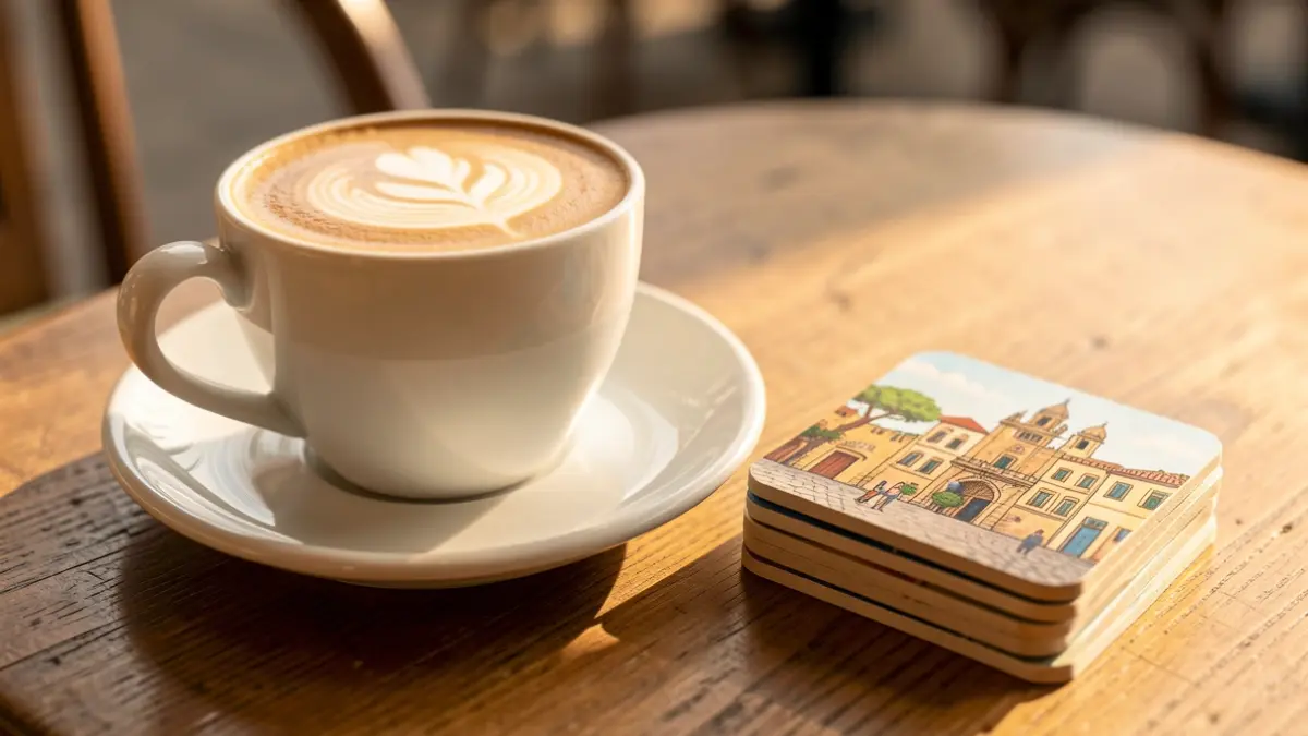 Breakfast cup with illustrated coasters from Almería.