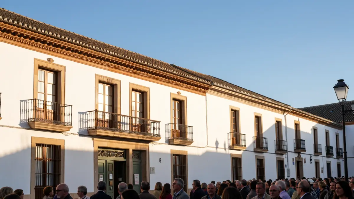 Fachada de un ayuntamiento andaluz tradicional con balcón y tejado de tejas, bajo la luz del sol de la tarde.