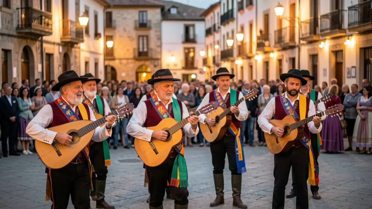 Imagen de una tuna universitaria actuando en una plaza española al atardecer, con músicos tocando instrumentos tradicionales y un ambiente festivo.