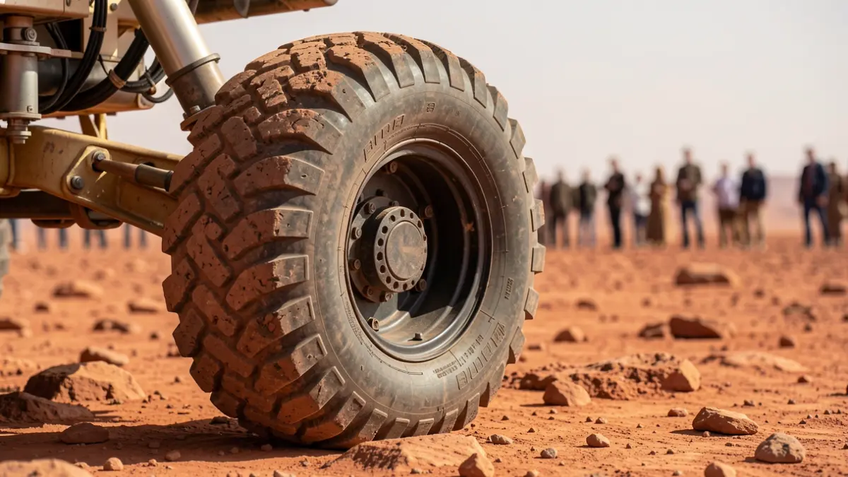 Close-up of a Mars rover wheel on reddish, rocky terrain.