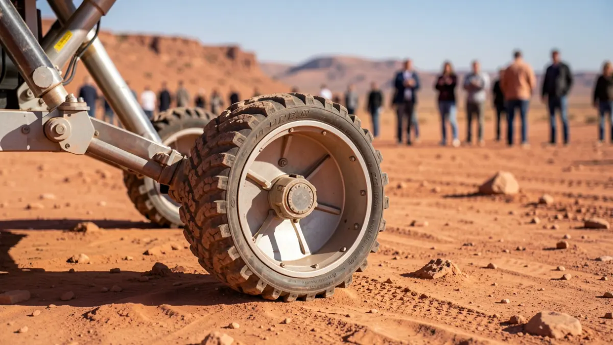 Close-up of a space rover prototype wheel in the Tabernas Desert, Almería, with the arid landscape in the background.