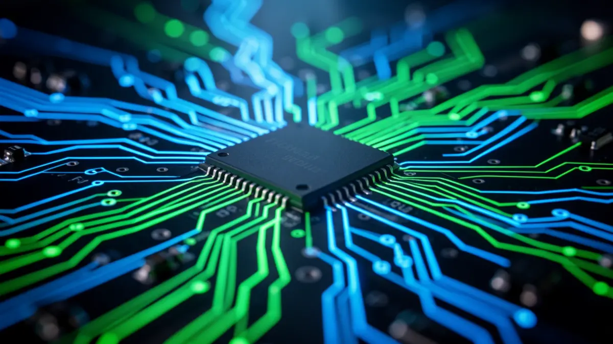 Generic image of a digital circuit with light lines representing artificial intelligence and the internet of things.