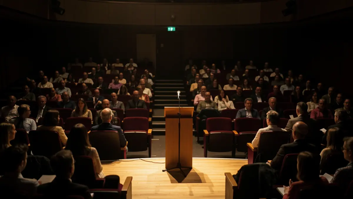 Imagen genérica de un auditorio vacío con un micrófono en el escenario.