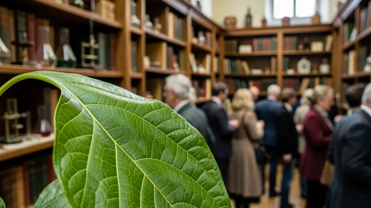 Primer plano de una hoja verde vibrante con venas intrincadas, iluminada por luz suave y difusa. Al fondo, estanterías borrosas con libros antiguos e instrumentos científicos sugieren una biblioteca histórica o herbario.