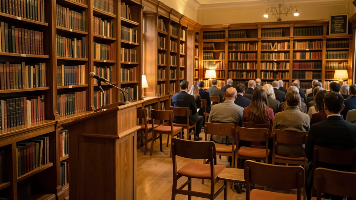 Generic image of a library with books and a podium.