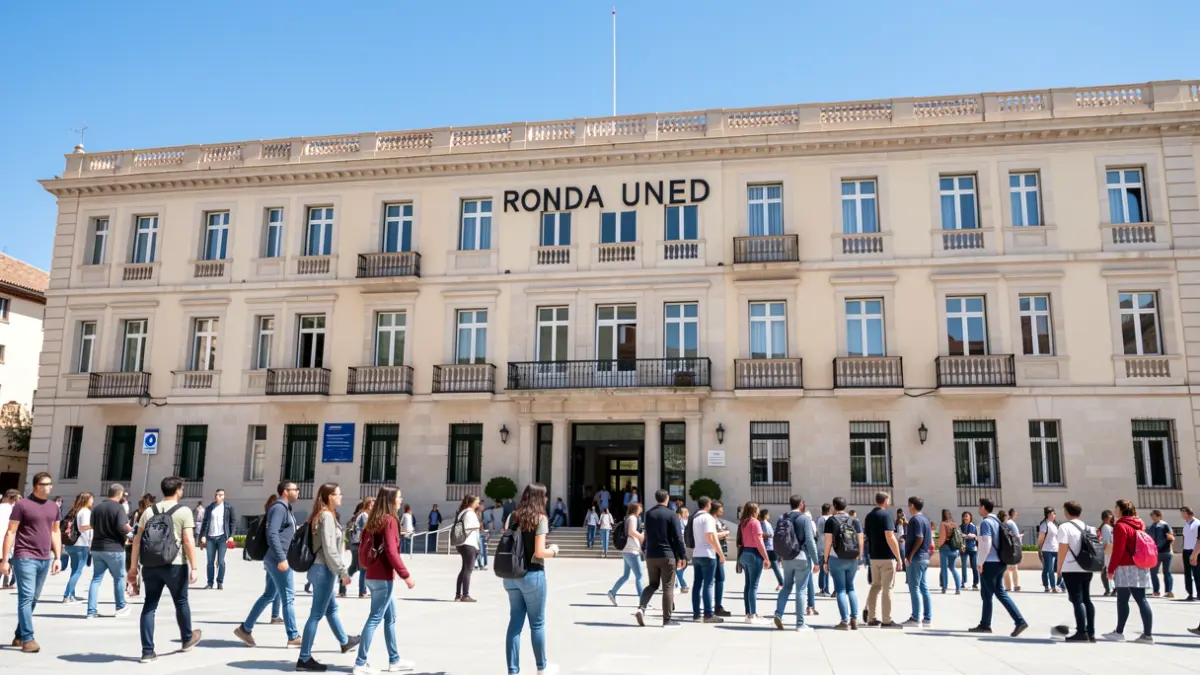 Fachada del centro de la UNED en Ronda, Andalucía, con estudiantes.