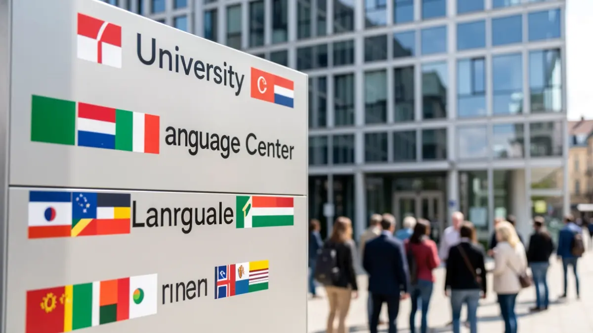 Generic image of a university language center with flags of different countries.