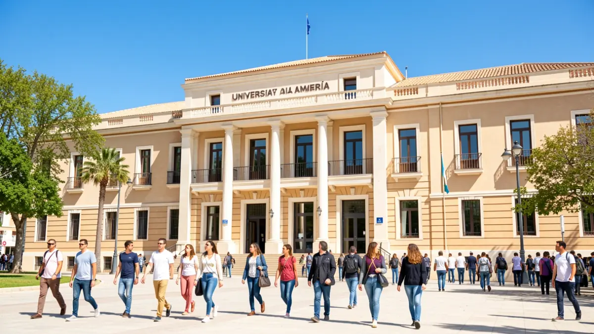 Fachada de la Universidad de Almería con estudiantes y luz solar.