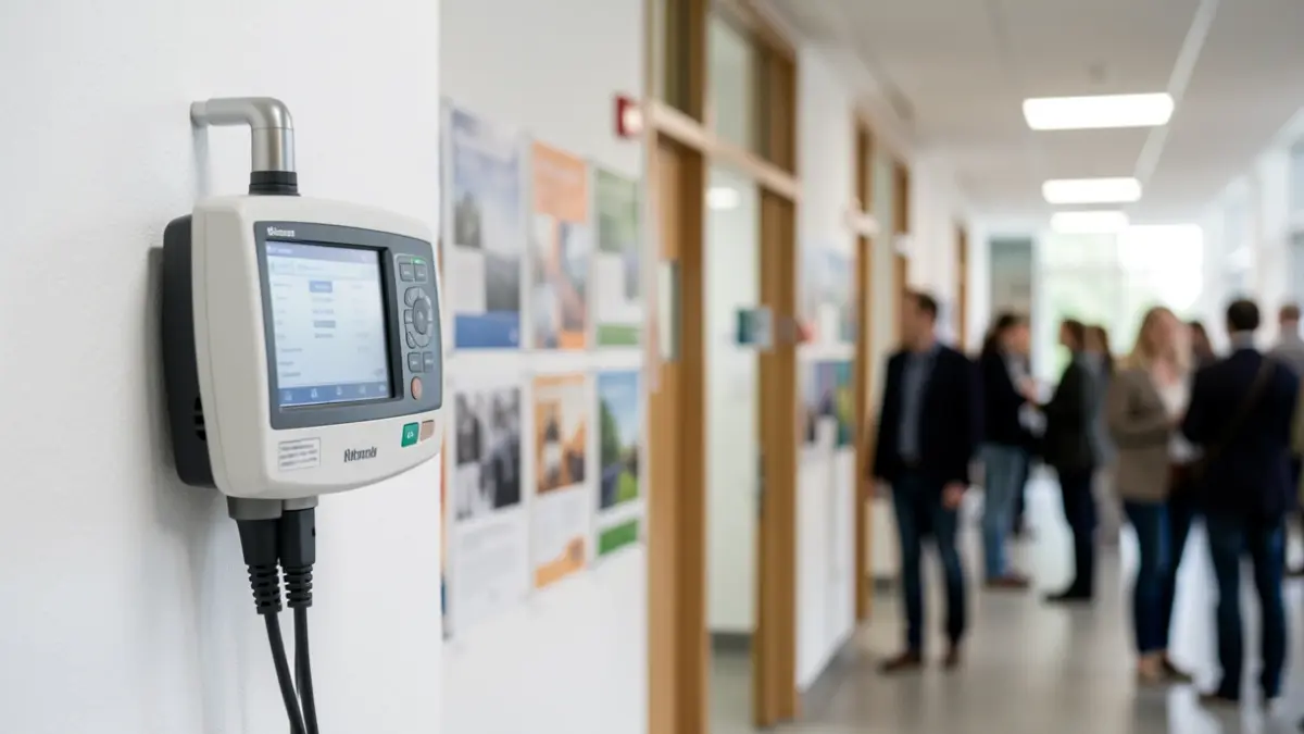 Generic image of a defibrillator on a university campus wall.