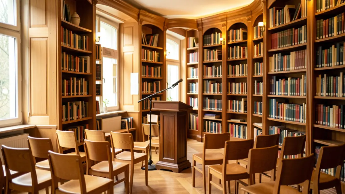 Imagen genérica de una sala de actos con libros y un atril.