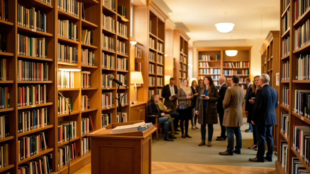 Imagen genérica de una biblioteca con estanterías de libros y un micrófono en un atril.