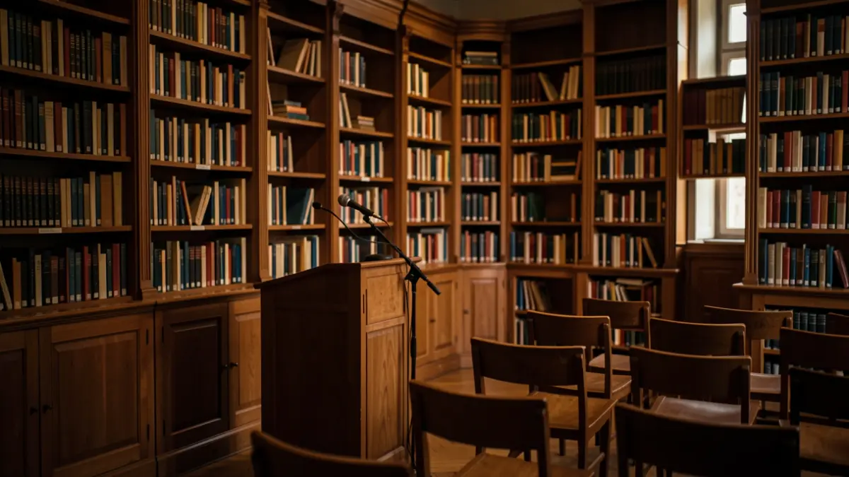 Generic image of a library with books and a podium.