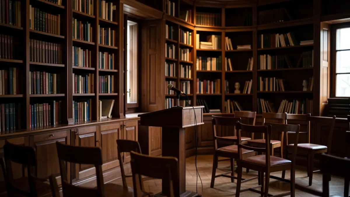 Imagen genérica de una biblioteca con libros y un atril.