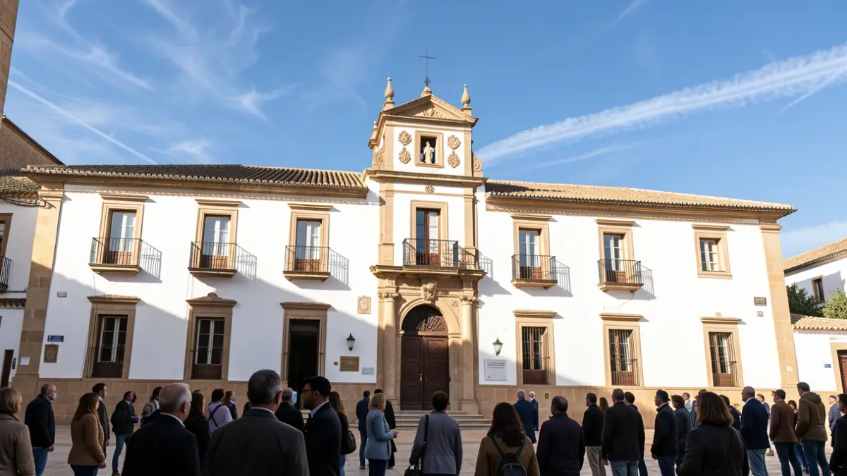 Fachada del edificio histórico de la Universidad de Jaén bajo un sol radiante.