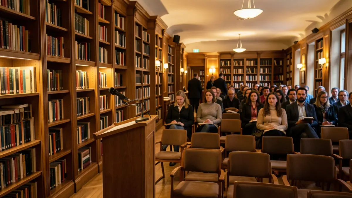 Imagen genérica de una sala de conferencias o biblioteca con ambiente académico.