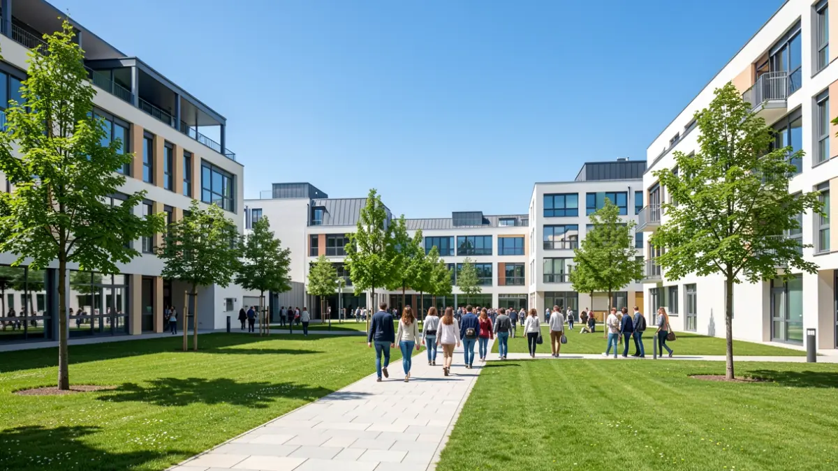 Imagen genérica de un campus universitario moderno con edificios institucionales y estudiantes.