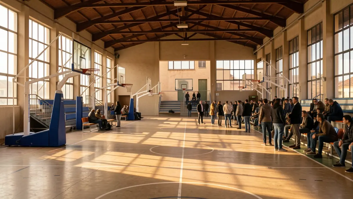 Generic image of an empty sports hall with hoops and bleachers.