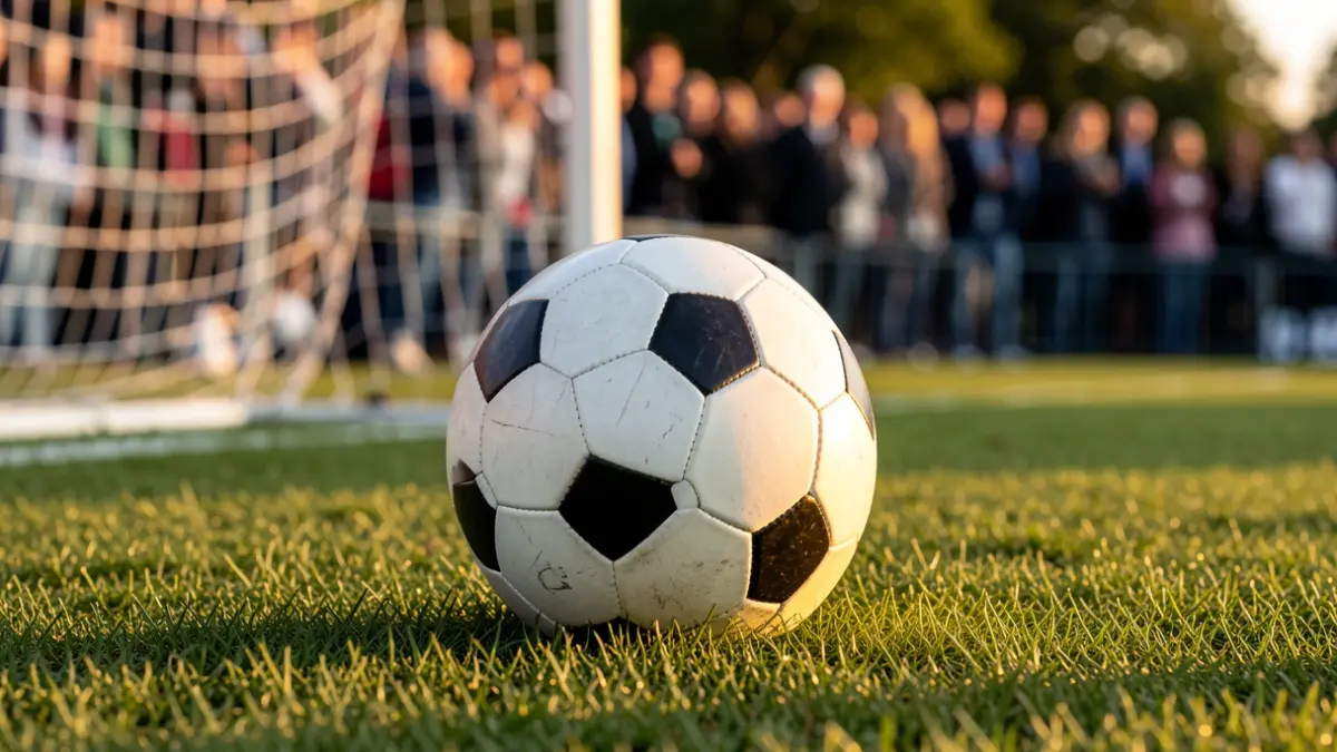 Imagen genérica de un balón de fútbol sobre césped con la red de una portería desenfocada al atardecer.