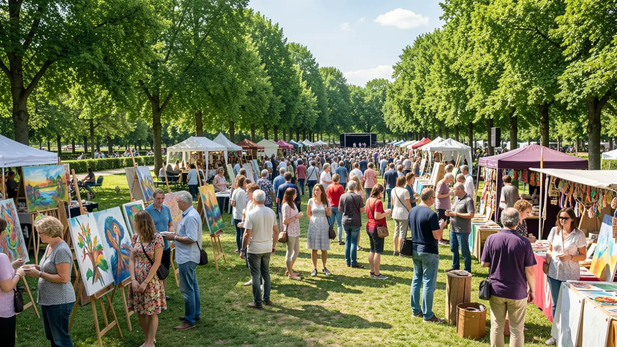 Image of an outdoor art festival in a park with craft stalls and a stage.