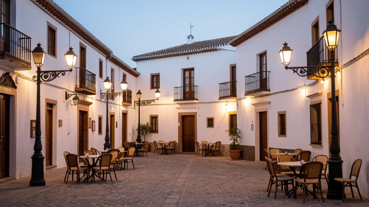 Plaza de pueblo andaluz al atardecer con edificios encalados y farolas.