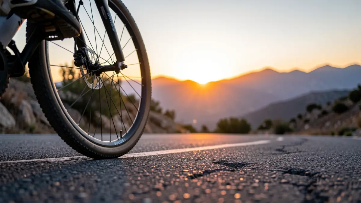 Mountain bike wheel on a road in Almería at sunset.