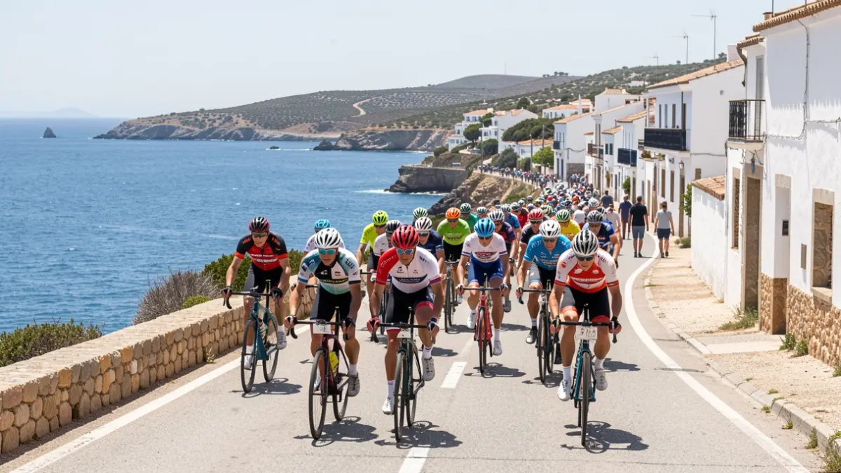 Generic image of cyclists in a coastal stage of La Vuelta in Andalusia.