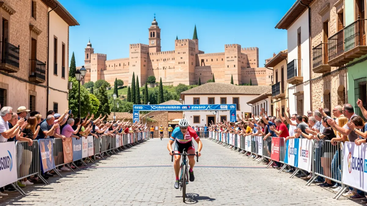 Ciclista cruzando la meta en una plaza de Granada con la Alhambra de fondo.