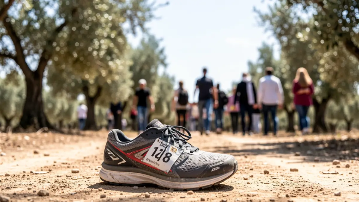 Zapatilla de corredor con dorsal en un camino polvoriento, rodeada de olivos bajo el sol.