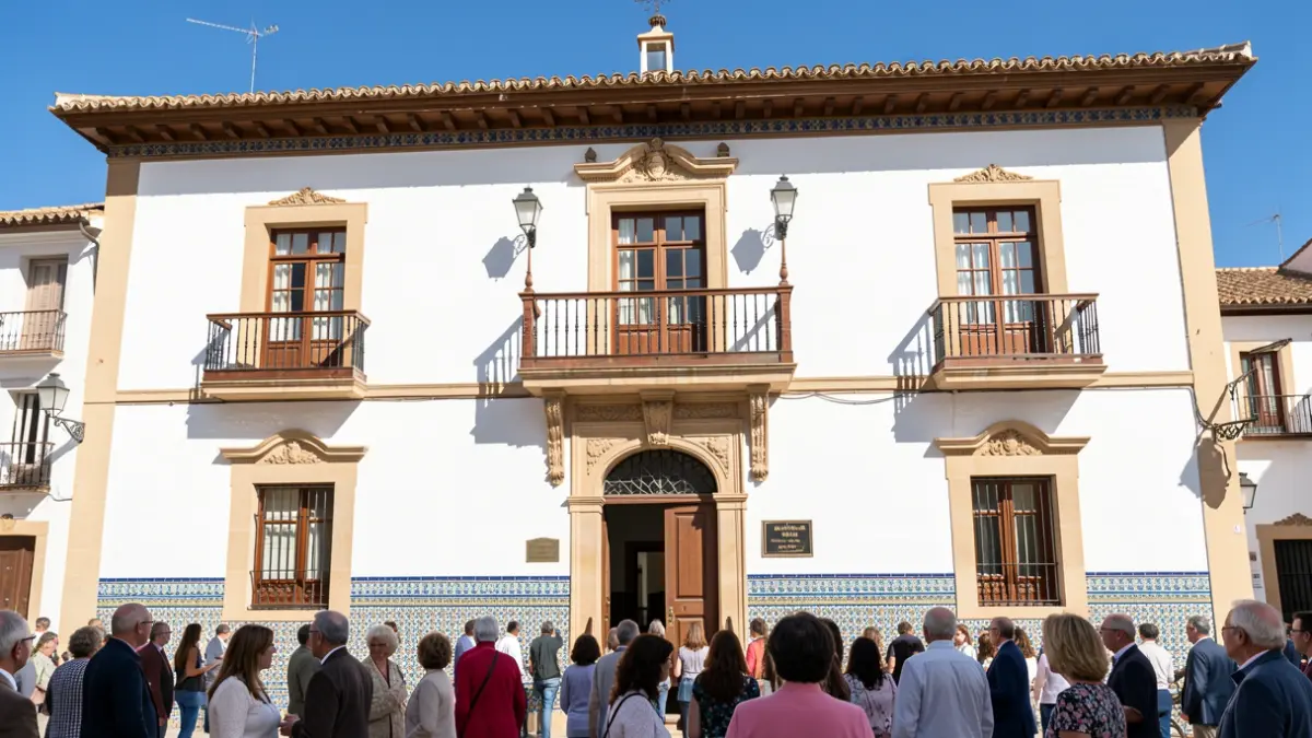 Fachada del Ayuntamiento de Lanjarón, un edificio tradicional andaluz con paredes blancas, azulejos coloridos y un balcón ornamentado, bajo la luz del sol.