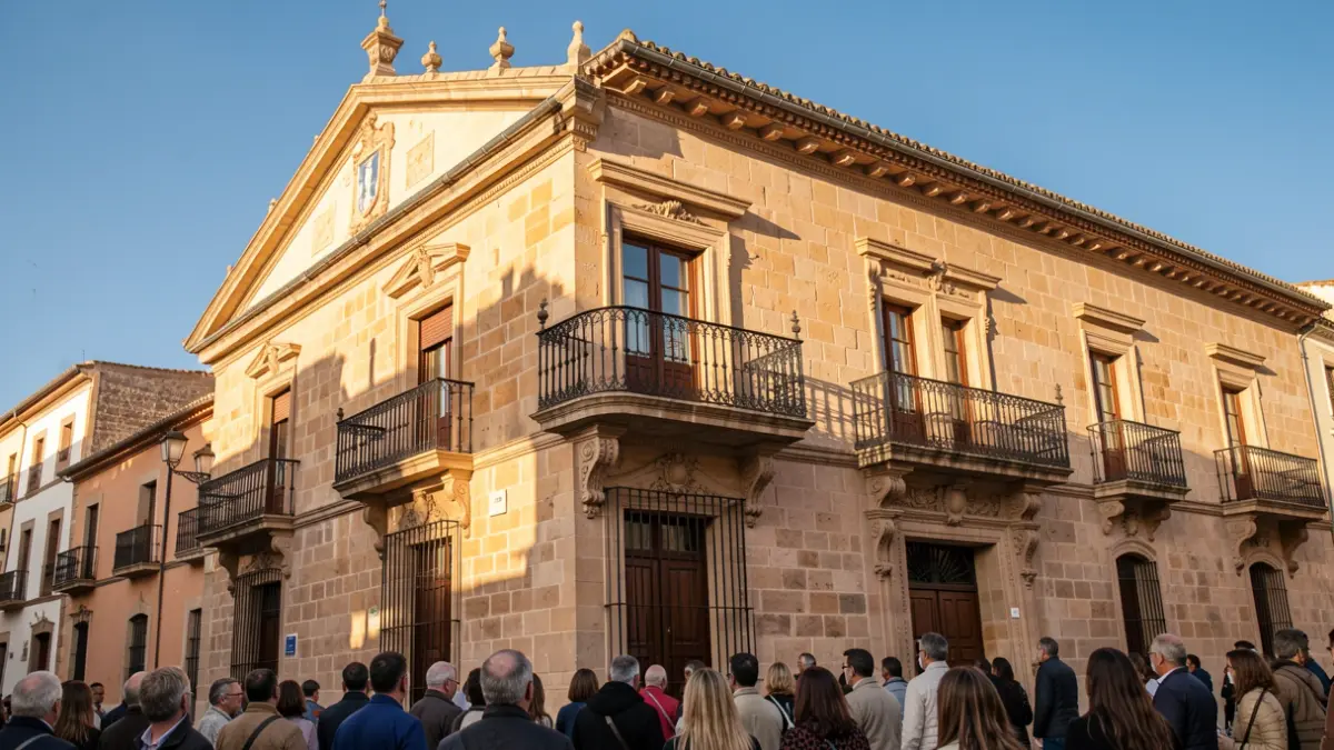 Fachada de un ayuntamiento andaluz con balcón y barandillas de hierro, luz de tarde cálida.