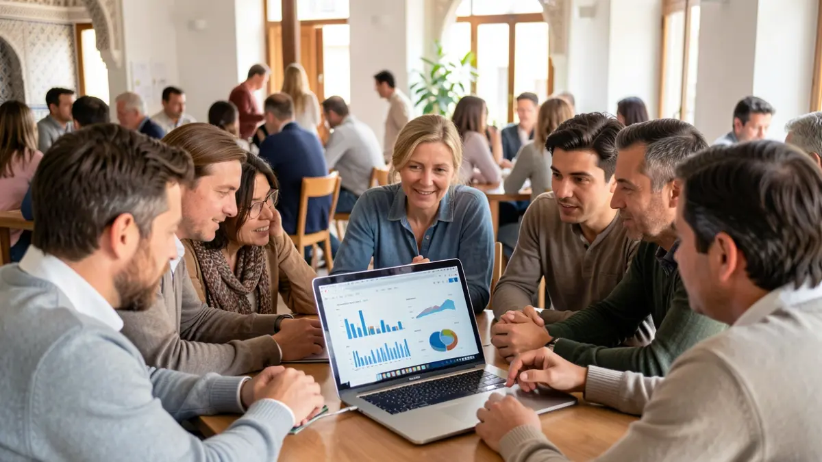 Imagen de un grupo diverso de personas colaborando en un espacio de coworking moderno con elementos arquitectónicos andaluces.