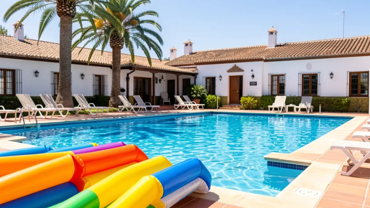 Imagen de piscinas municipales de Andalucía con toboganes acuáticos y arquitectura típica.