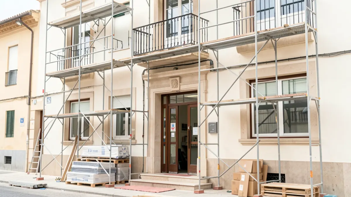 Fachada de una oficina pública en obras de acondicionamiento.