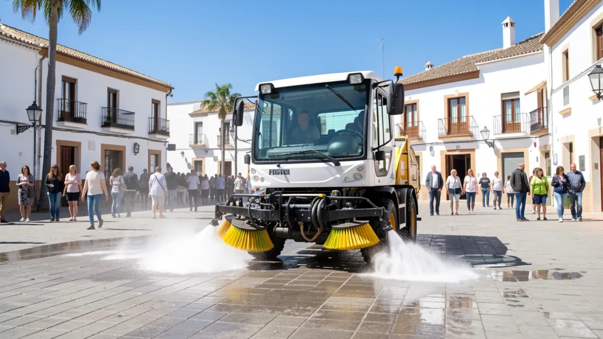 Vehículo de limpieza viaria baldeando una plaza pública en un municipio andaluz.