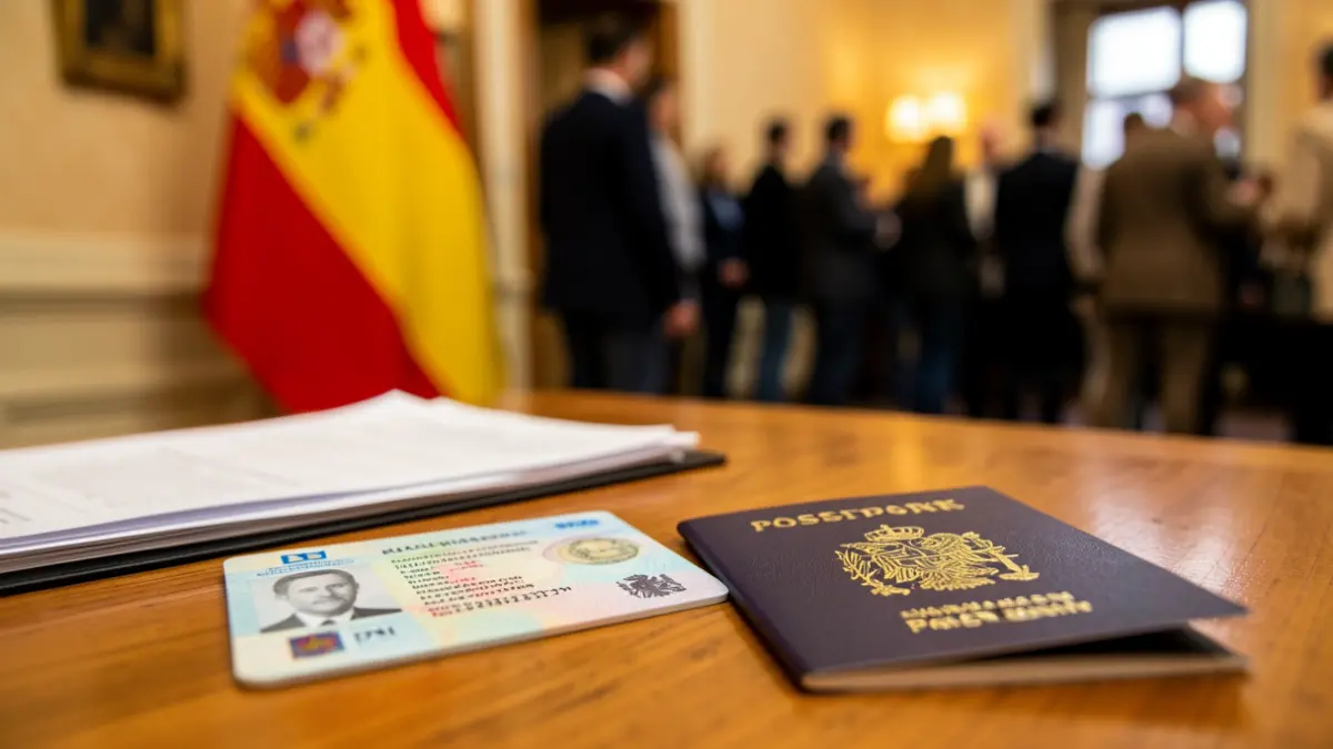 Image of a Spanish national ID card and passport on an official desk.