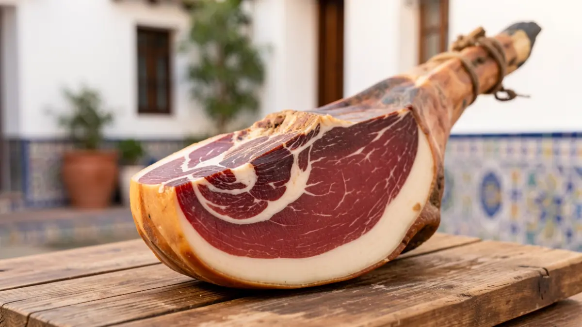 Close-up of an Iberian ham leg from Los Pedroches, showing its curing and marbling details, on a rustic wooden board.