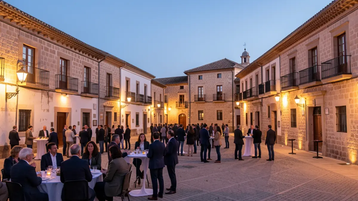 Generic image of an Andalusian town square at dusk with illuminated historic buildings.