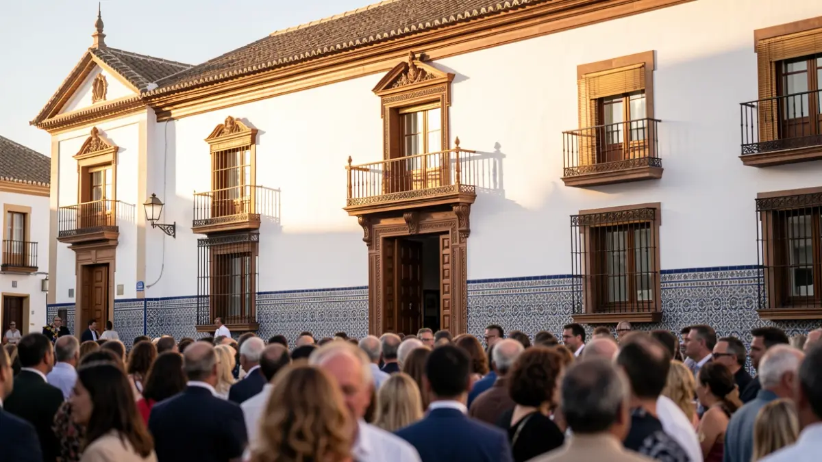 Fachada de un edificio municipal andaluz con gente en primer plano.