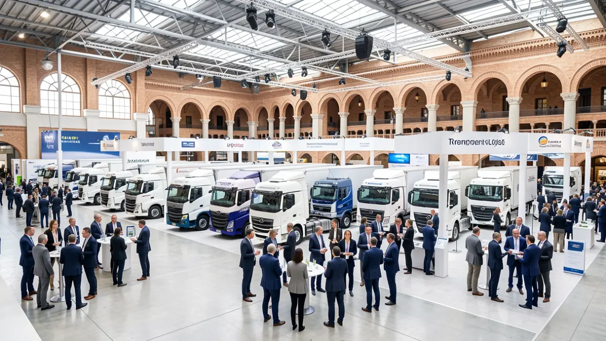 Imagen de un encuentro de transportistas con camiones y profesionales del sector en un recinto ferial.