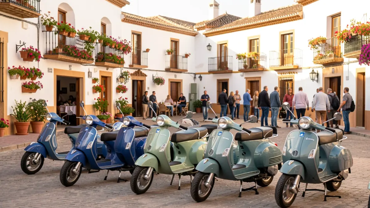 Gathering of classic Vespas in an Andalusian town square.