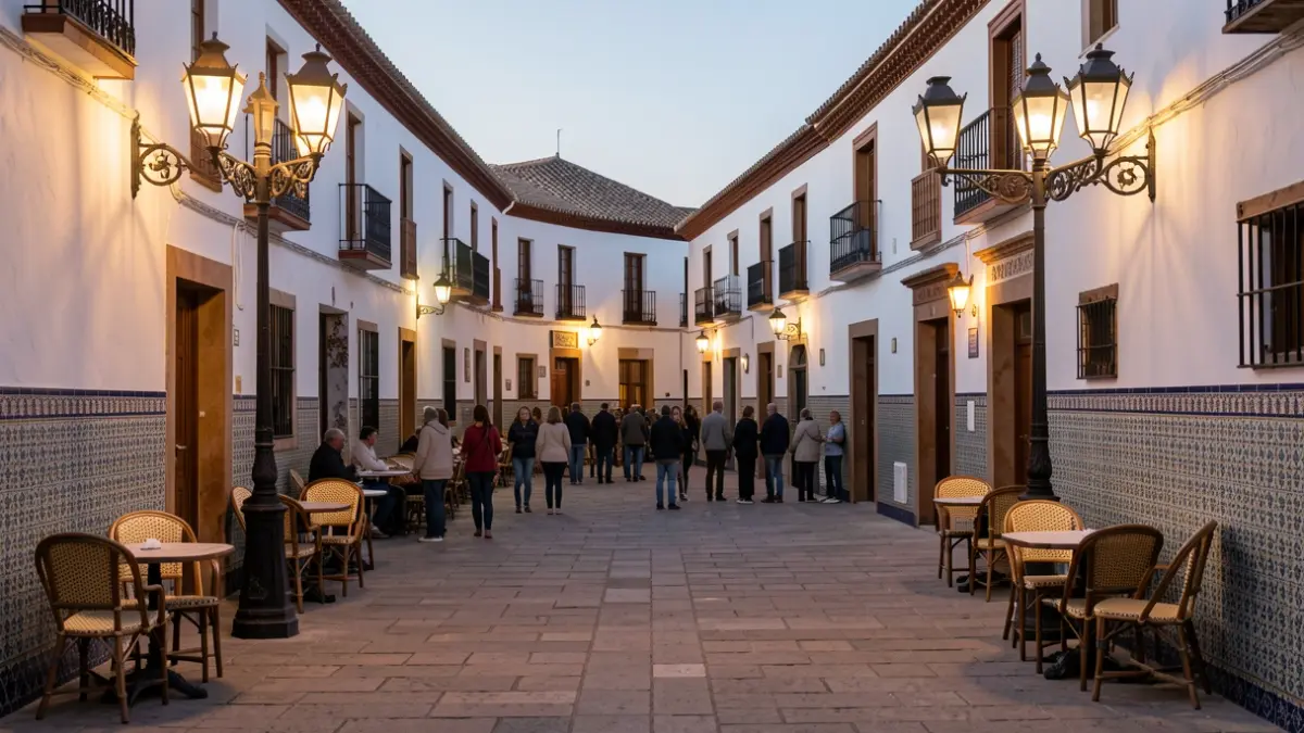 Andalusian town square at dusk with streetlamps and traditional architecture.