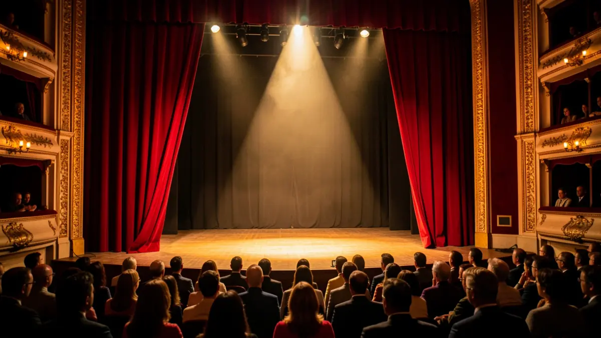 Escena de un teatro con telón rojo y un foco en el centro del escenario.