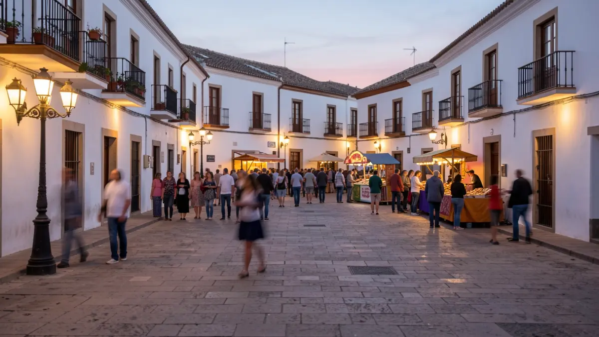 Plaza de un pueblo andaluz al atardecer con luces de feria y gente disfrutando.