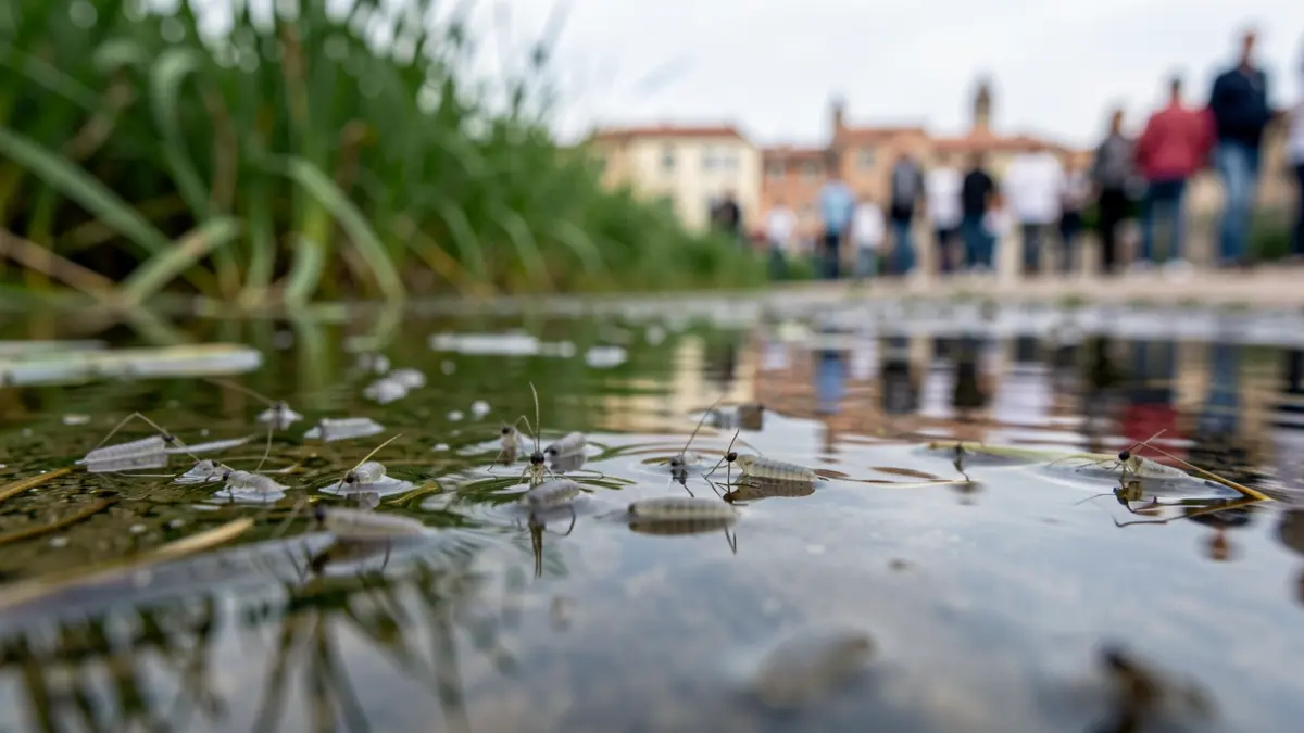 Close-up of mosquito larvae in stagnant water, with a blurred background of green reeds and a hint of a Mediterranean town in the distance.