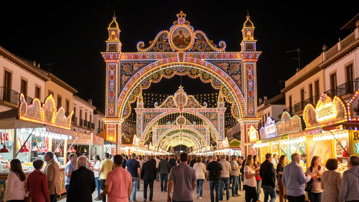 Image of the opening of the Feria Real de Nuestra Señora del Valle de Lucena 2026, featuring festive lighting and the illuminated main entrance.