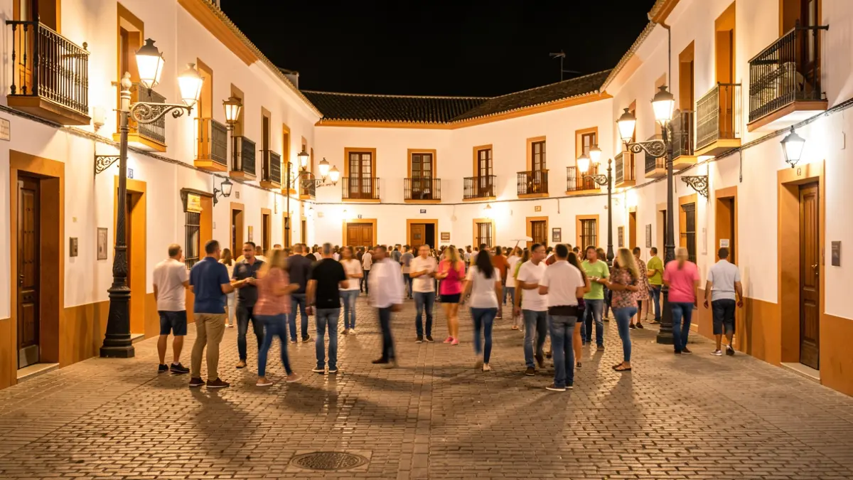 Generic image of an Andalusian square illuminated at night during a festival.