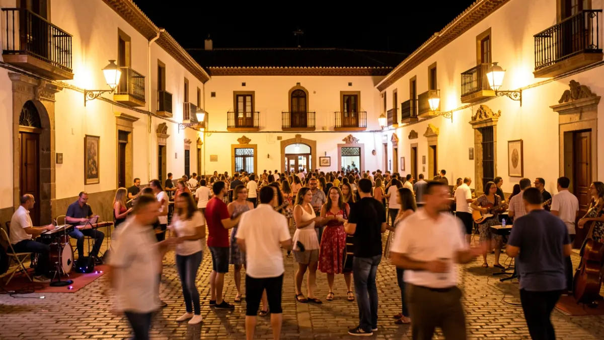 Generic image of an Andalusian square at night with a festive atmosphere.