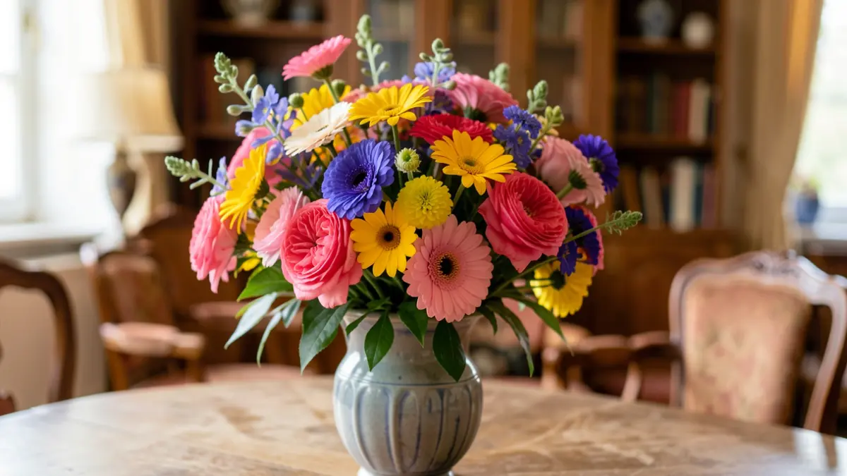 Primer plano de un ramo de flores de colores sobre una mesa.