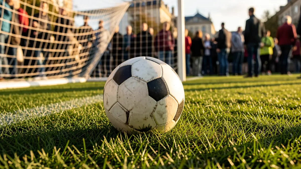 Close-up of a soccer ball on green grass, with the goal net blurred in the background and golden light.