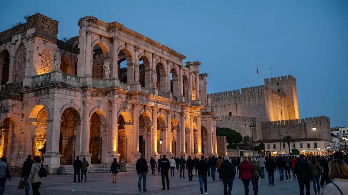 Facade of the Roman Theatre of Málaga at dusk, with the Alcazaba in the background.